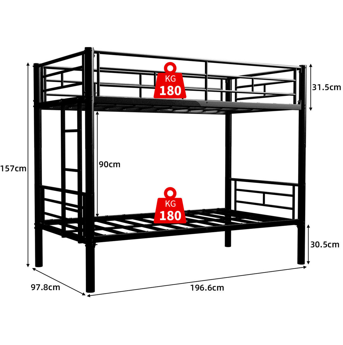 ETAGENBETT umbaubar 196/103/156 cm, Schwarz mit Leiter und Geländer - Schwarz, Metall (90/190cm) - MIVRAY