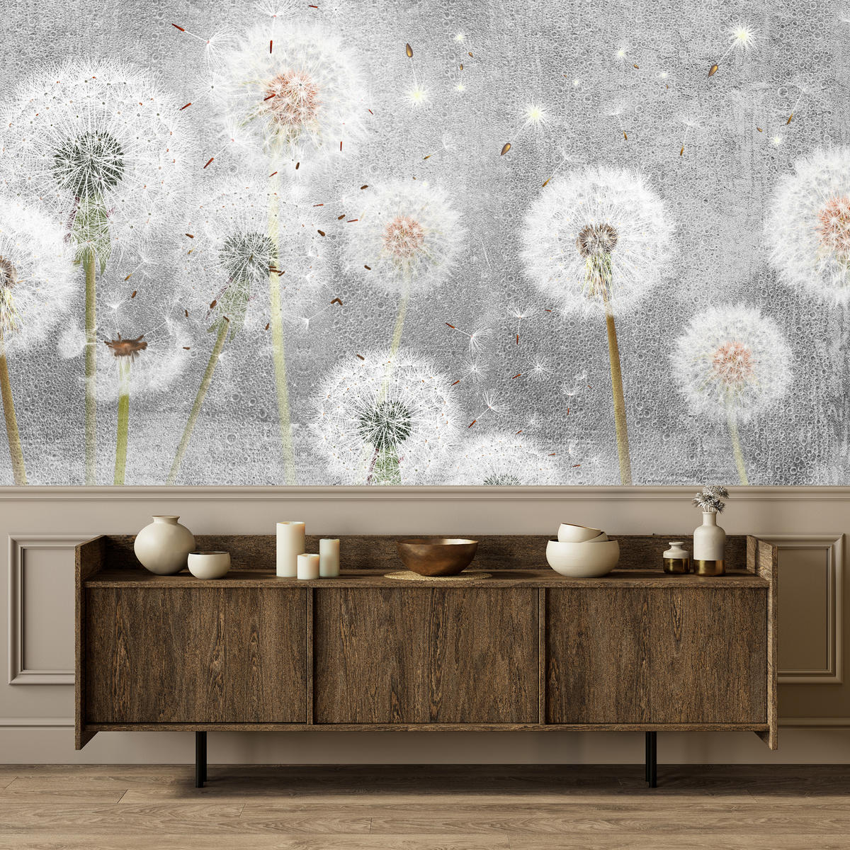 FOTOTAPETE für Schlafzimmer Retro Löwenzahn Beton Minimalistisch 450x315 - Gelb/Weiß, Papier (450/315cm) - Muralo