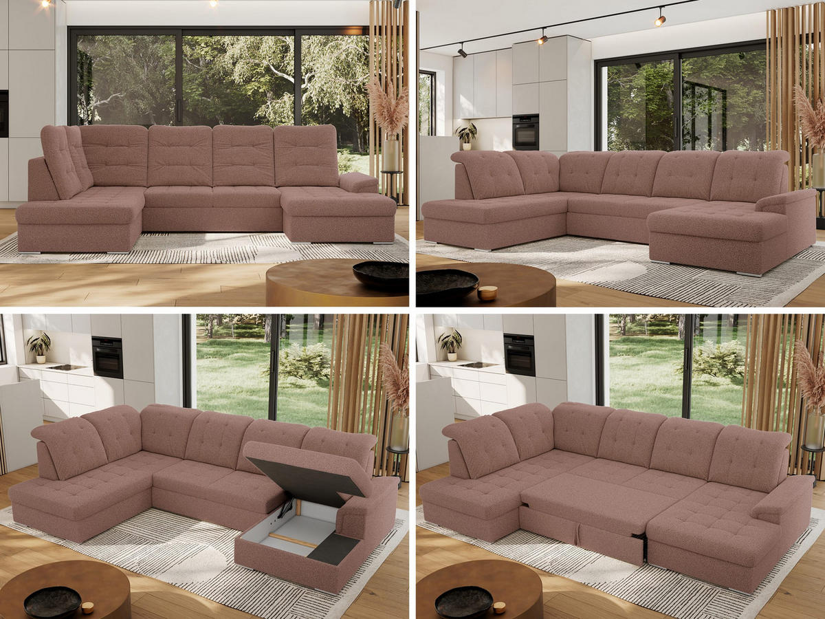 WOHNLANDSCHAFT MADRITO U - Rosa Boucle - Links - Silberfarben/Rosa, Textil/Metall (204/89/323cm) - MKS