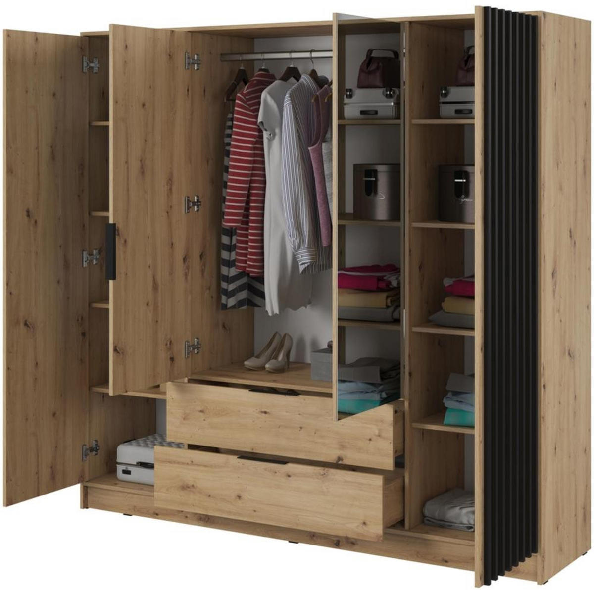 DREHTÜRENSCHRANK Kelly 206/200/51 4-türig eiche artisan mit Spiegel - Schwarz/Eiche Artisan, Holzwerkstoff/Kunststoff (206/200/51cm) - Beautysofa