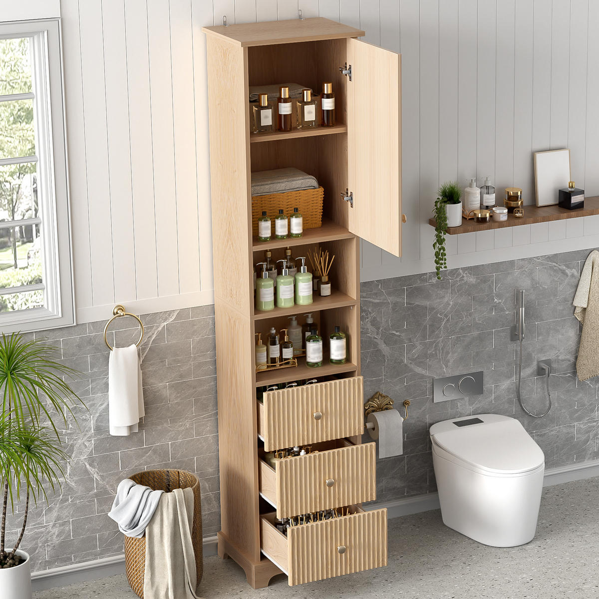 WASCHBECKENUNTERSCHRANK Badezimmer Unterschrank MDF Holzoptik 3 Schubladen Soft-Close melaminbeschichtet - Naturfarben, Holzwerkstoff (40/172/30cm) - EVRYAE
