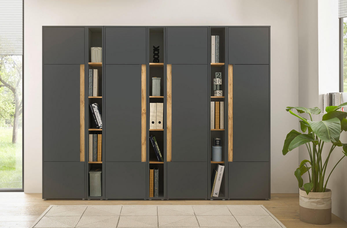 AKTENSCHRANK Set 7-teilig grau matt, Eiche Wotan 260 x 200 cm, Schrank-Regal-Kombination mit 35 Fächern - Eichefarben/Eiche Wotan, Holzwerkstoff/Kunststoff (260/200/40cm) - Furn.Design