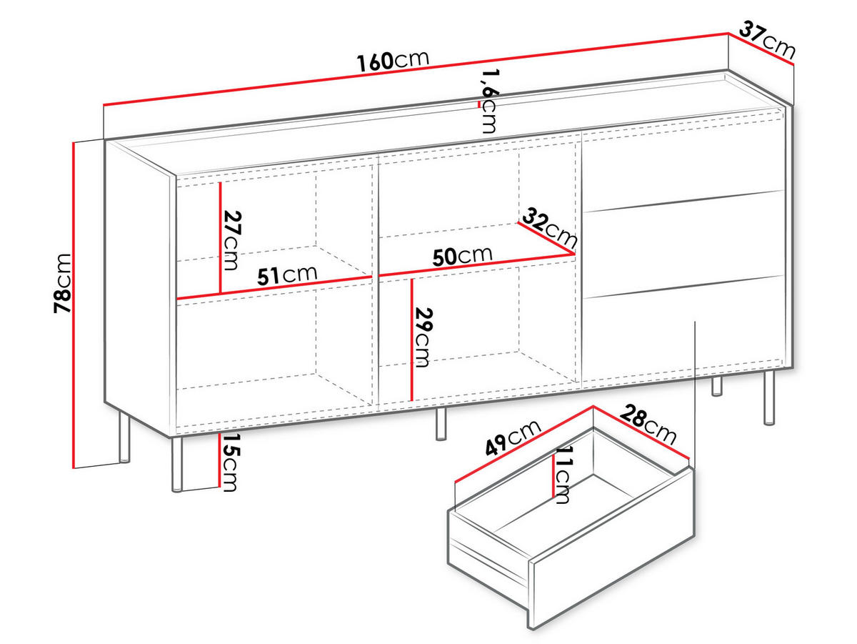SIDEBOARD Tewos K160 3SZ - Nussbaumfarben/Schwarz, Holzwerkstoff/Metall (160/78/37cm) - MIRJAN24