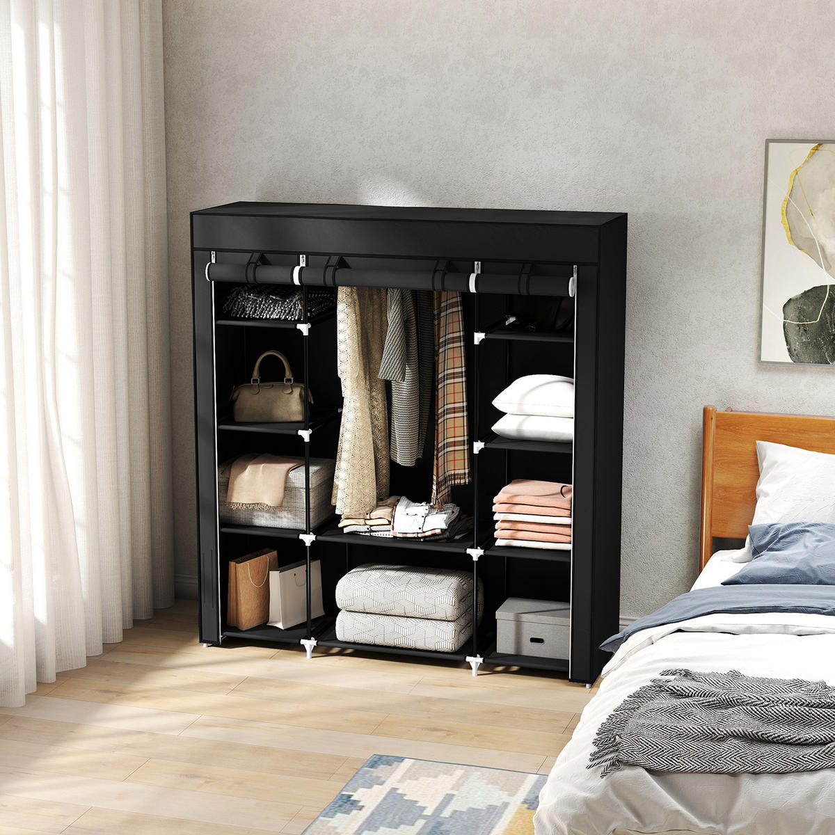 STOFFSCHRANK aus Vlies, Faltschrank, 1 Kleiderstange, 9 Regale, 150 cm x 43 cm x 162,5 cm, Schwarz - Schwarz, Metall (150/162.5/43cm)