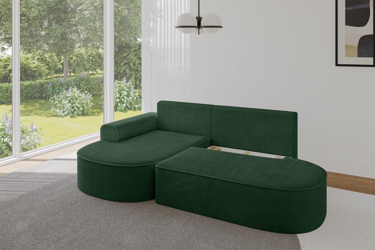 ECKSOFA mit Schlaffunktion und Bettkasten Ottomane Links MARI-L1-S - 283x167x73 cm Grün Cord - Waldgrün/Schwarz, Holzwerkstoff/Kunststoff (283/167cm) - ALTDECOR