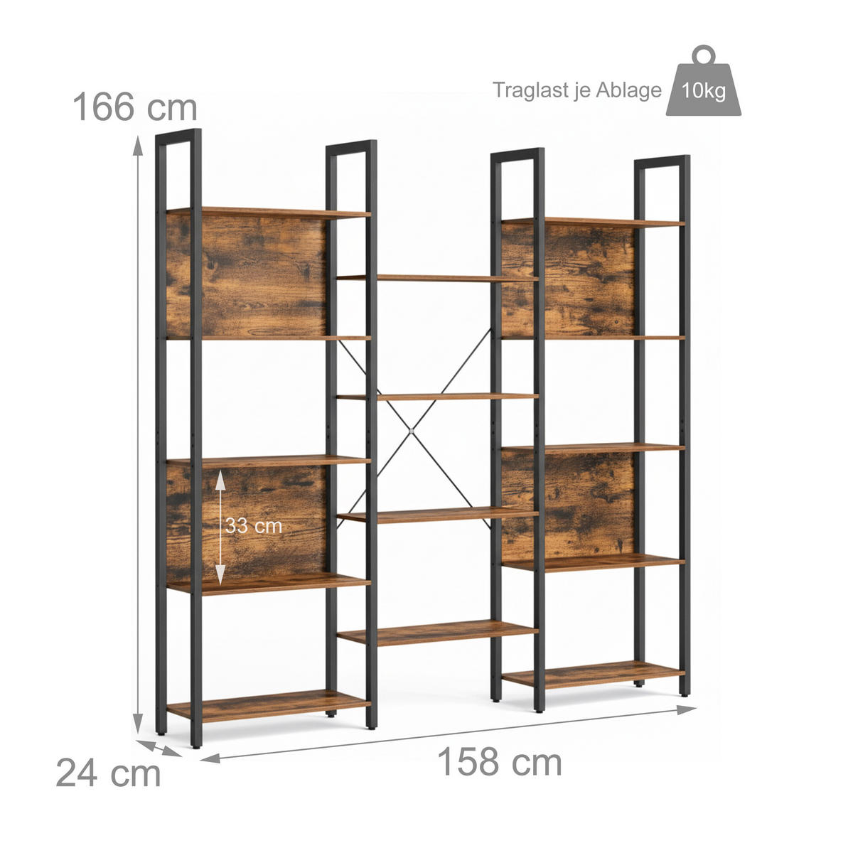 BÜCHEREGAL - Braun, Holzwerkstoff/Metall (158/166/24cm) - Relaxdays