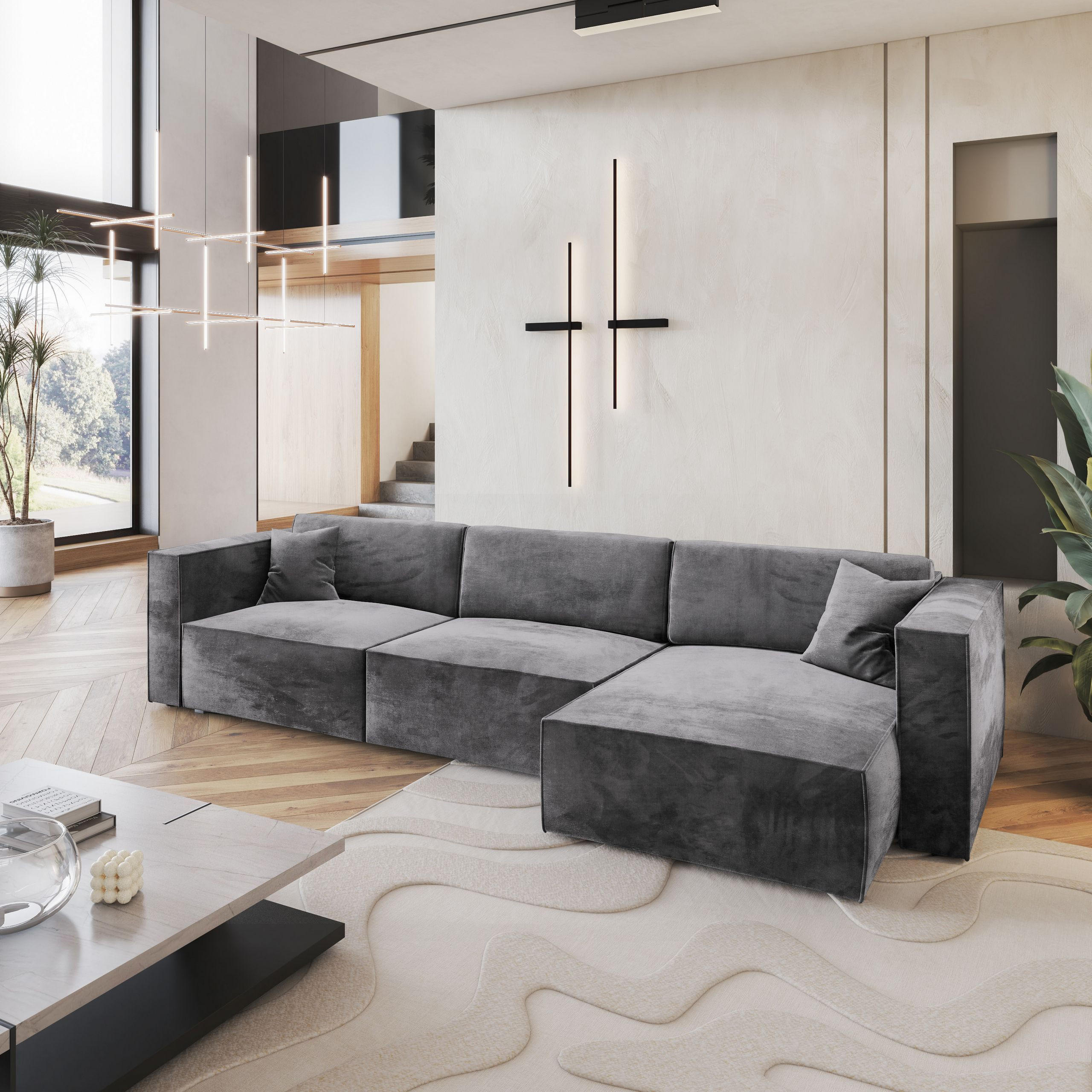 ECKSOFA TOLMO M Grau Velours-Stoff mit Schlaffunktion - Grau, Holz (347/148cm) - MASSENO