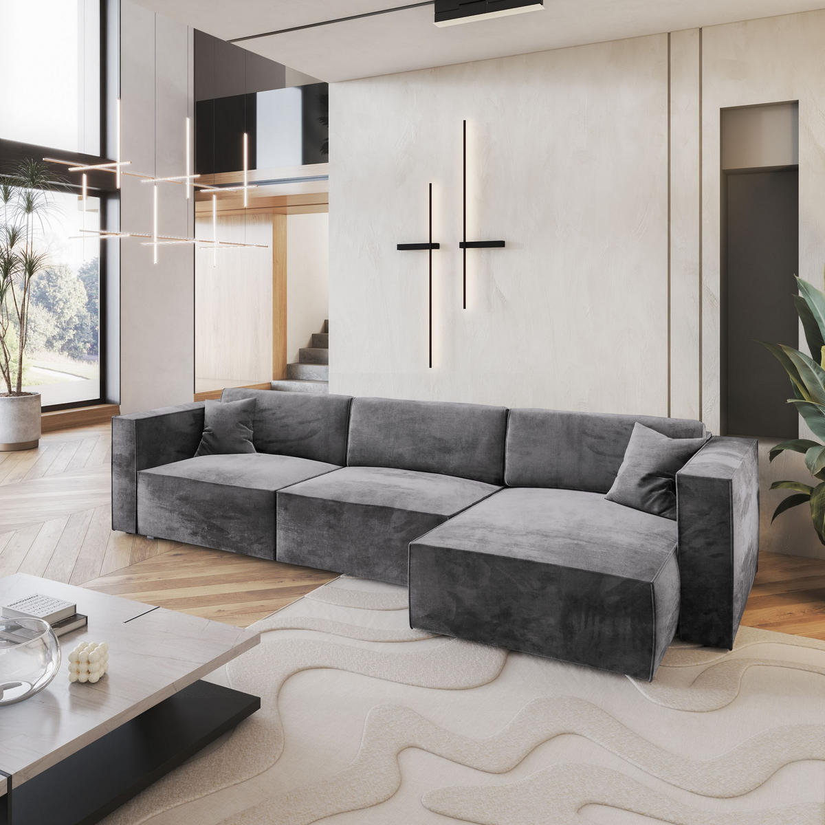 ECKSOFA TOLMO M Grau Velours-Stoff mit Schlaffunktion - Grau, Holz (347/148cm) - MASSENO