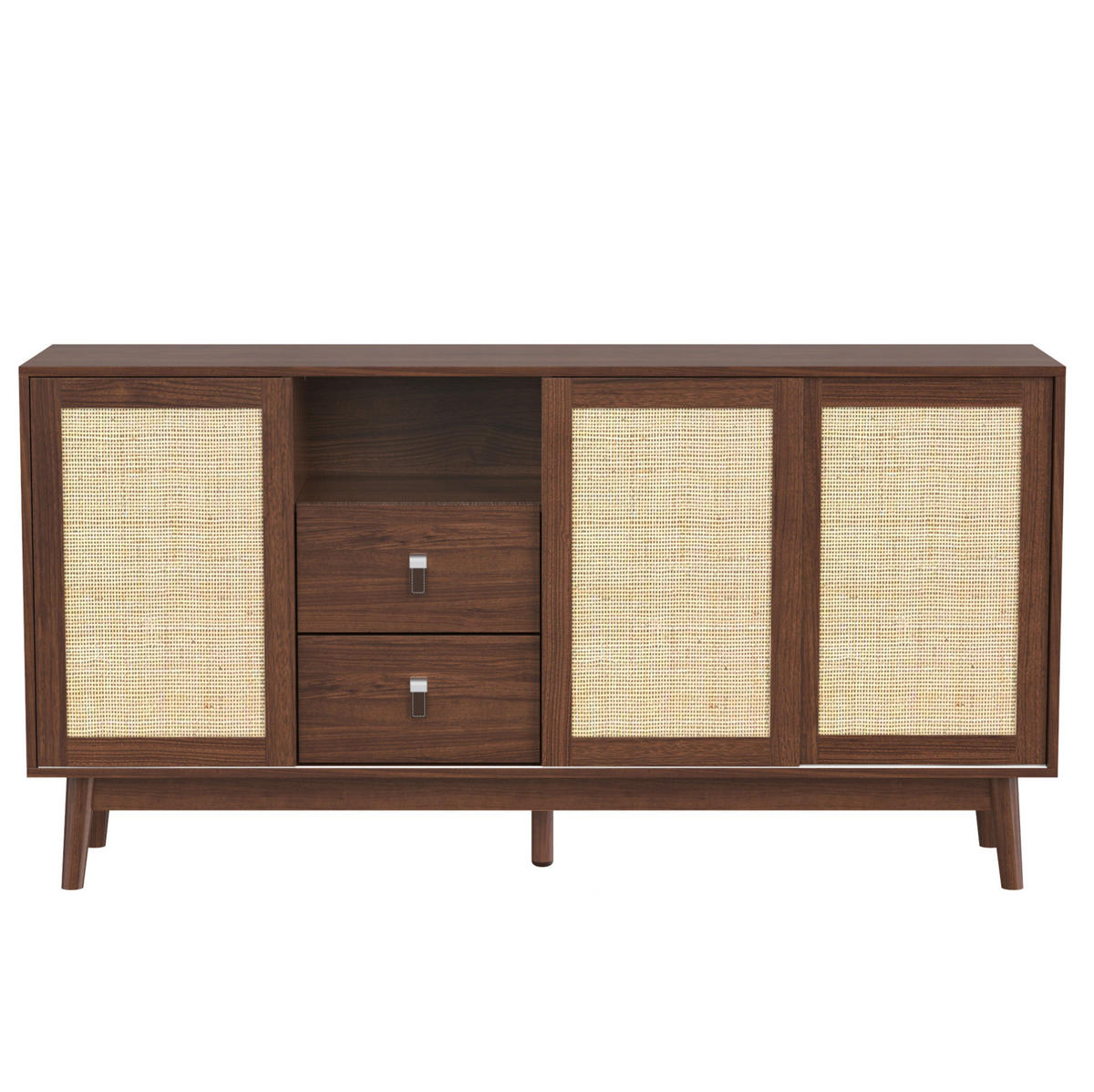 SIDEBOARD 155/38/80 cm in dunklem Holz mit 3 Rattan-Schiebetüren und 2 Schubladen - Nussbaumfarben, Holzwerkstoff (155/80/38cm) - Flora Grace