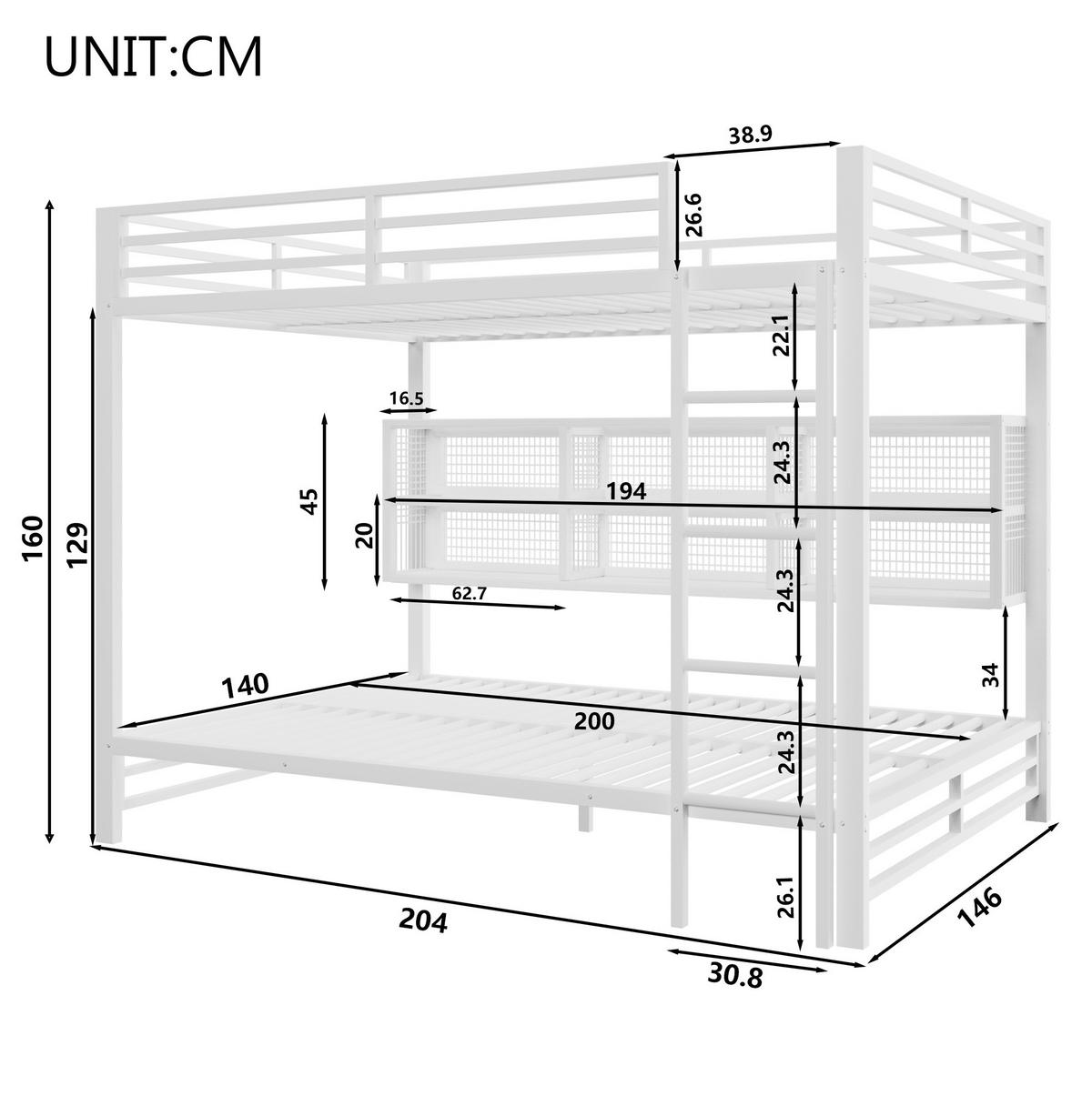 ETAGENBETT 140/200 cm in Weiß aus Metall mit 6 Stauraumschränken und LED-Beleuchtung - Weiß, Metall (140/200cm) - OKMYHOME