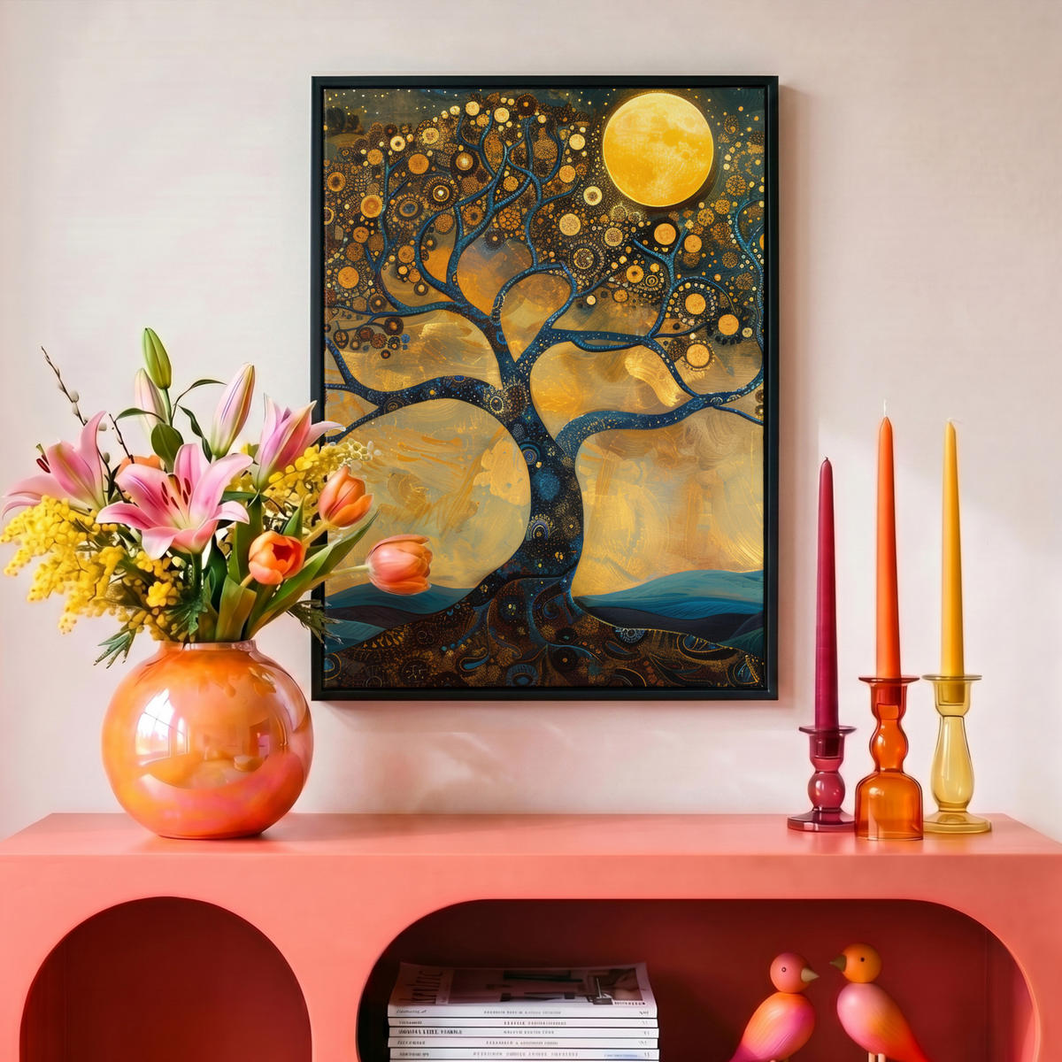 LEINWAND Bilder mit Rahmen - Baum - Mond - Blumen - Gold - Kunst - 30x40 - Orange, Textil (30/40cm) - MuchoWow