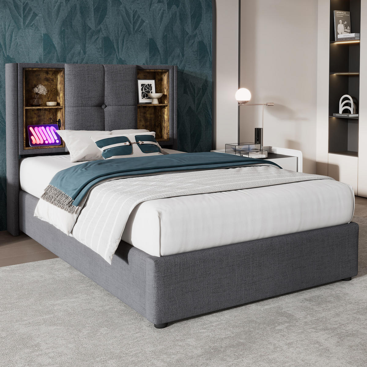 POLSTERBETT 90/200 cm Grau mit Kabellosem Laden und USB-Anschlüssen - Grau, Textil (90/200cm) - OKWISH