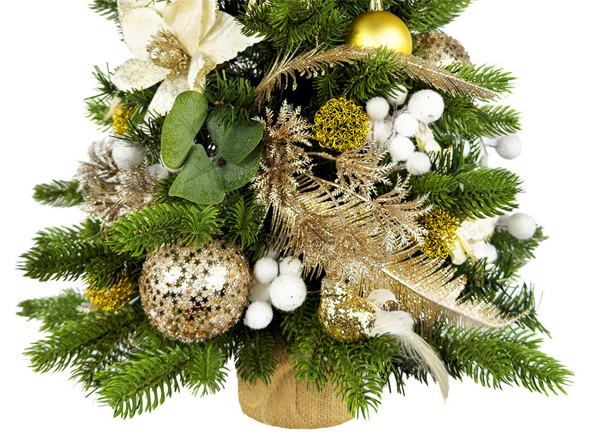 WEIHNACHTSBAUM künstlicher 60 cm mit LED-Beleuchtung, CHAMPAGNEGLANZ II, mit 50 Weihnachtsbaumschmuck, Pflanztopf mit Jutesack - Champagner/Goldfarben, Kunststoff/Stein (40/60cm) - LAALU