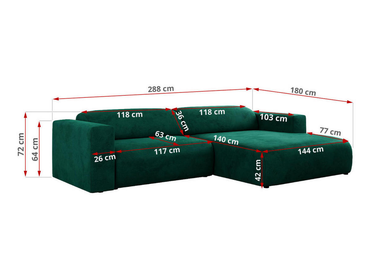 ECKSOFA PASADENA Dunkelgrün Velvet - Links Seite - Dunkelgrün/Schwarz, Kunststoff/Textil (288/180cm) - MKS