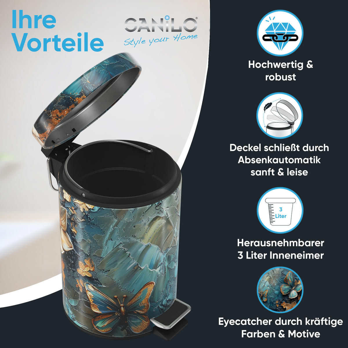 KOSMETIKEIMER Mariposa - Blau/Multicolor, Kunststoff/Metall (17/25/25cm) - Sanilo