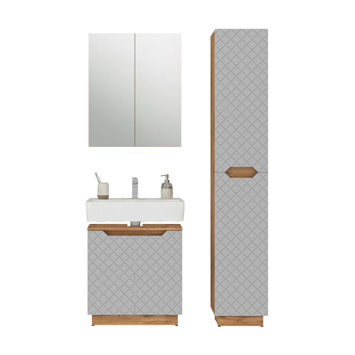 BADMÖBEL-SET Lotta Eiche/Grau mit Kachelstruktur 3 Teile - Grau, Holzwerkstoff (59.8/62.1/32cm) - Vicco