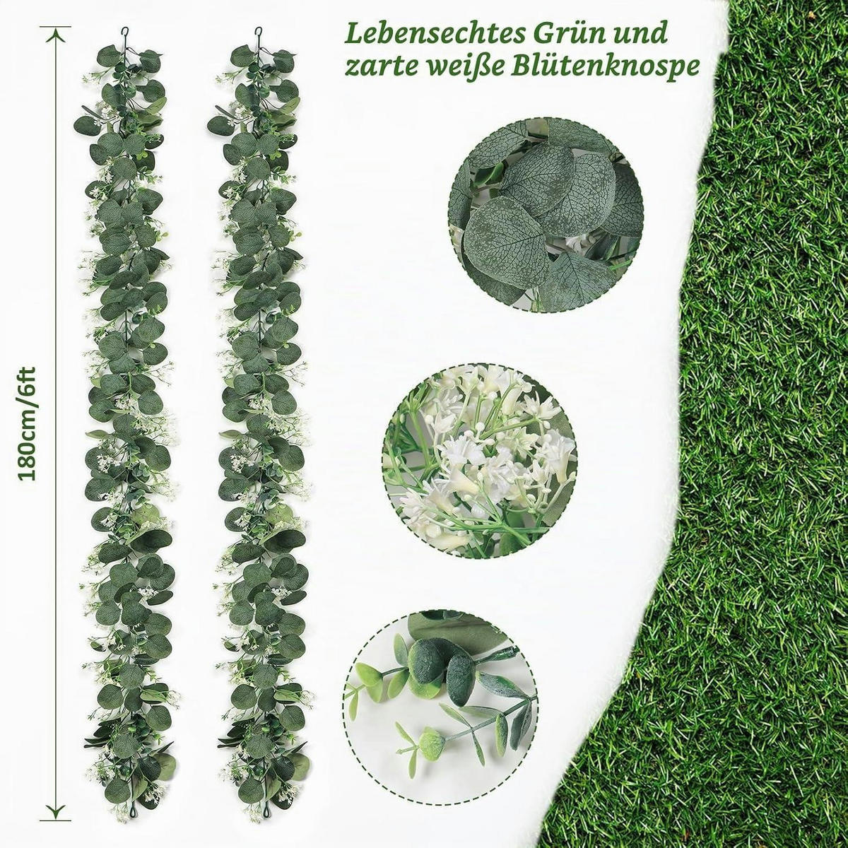 GIRLANDE Eukalyptus künstlich mit weißen Blumen 2 Stück 180 cm - Grün, Kunststoff (5cm)