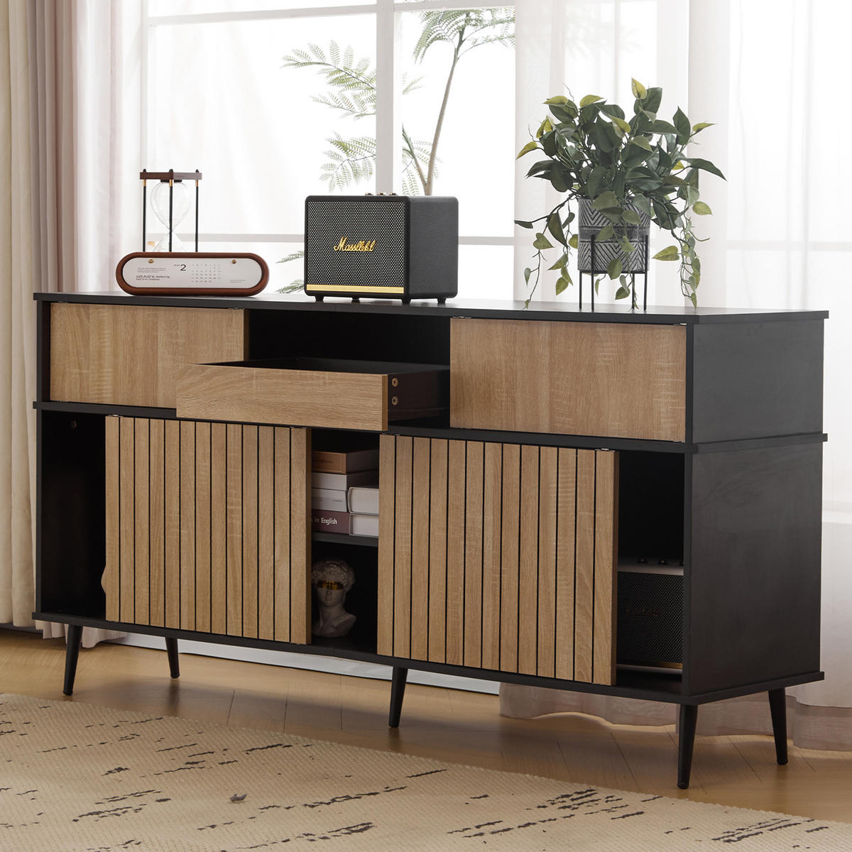 KOMMODE mit 4 Schiebetüren Eiche Schwarz 160x40x80cm - Multicolor, Holzwerkstoff (40/80/160cm) - FLIEKS