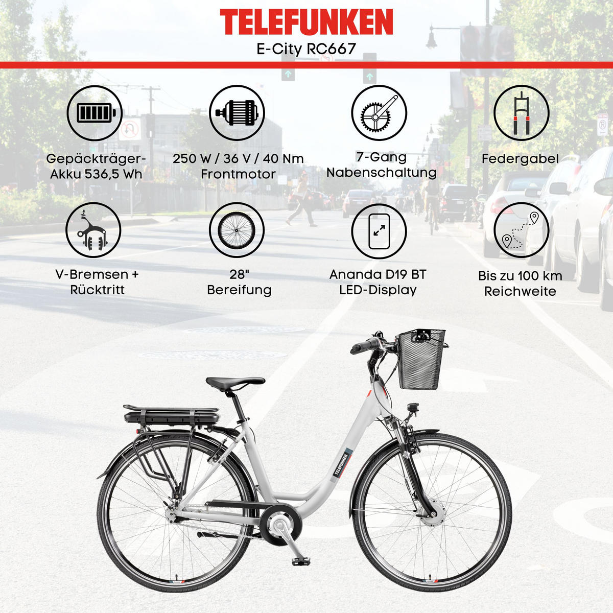 E-BIKE Cityrad Multitalent RC667 28 Zoll Elektrofahrrad 536,5 Wh Frontmotor 7-Gang-Kettenschaltung - Weiß, Metall (110cm) - Telefunken