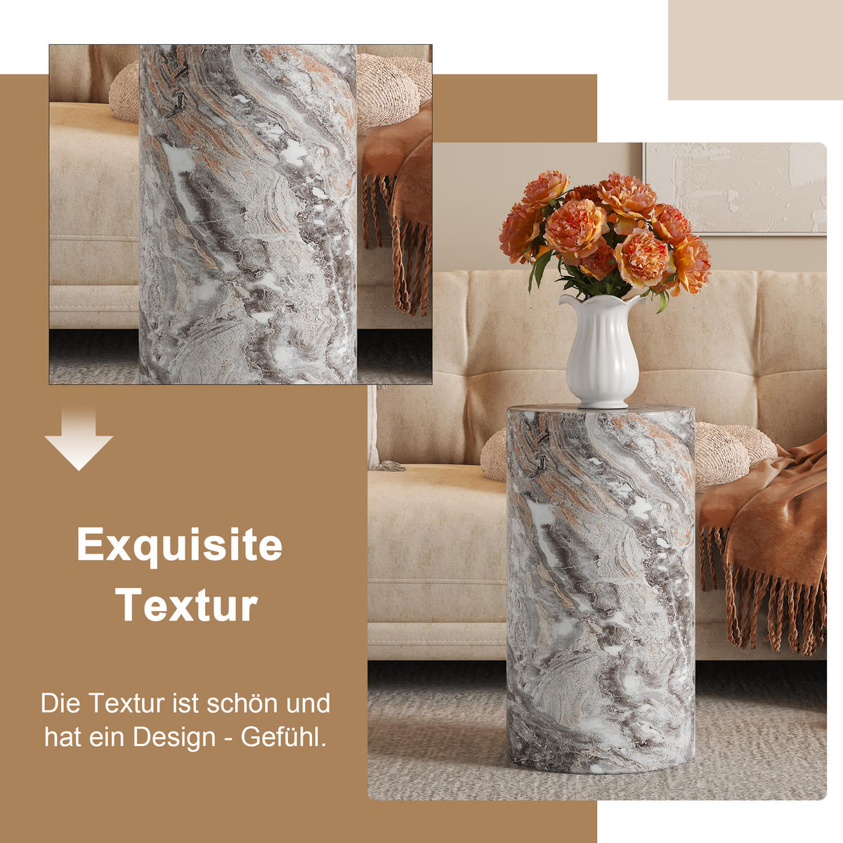 COUCHTISCH rund 30/30/55 cm Grau in Marmoroptik aus MDF wasserabweisend - Grau, Holzwerkstoff (30/30/55cm) - OKWISH