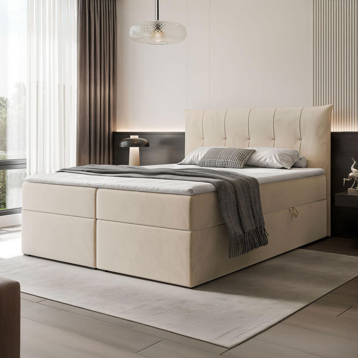 BOXBETT CHESTER 160/200 cm mit Matratze und Topper, Hellbeige - Sandfarben, Holzwerkstoff/Textil (160/200cm) - Idohome