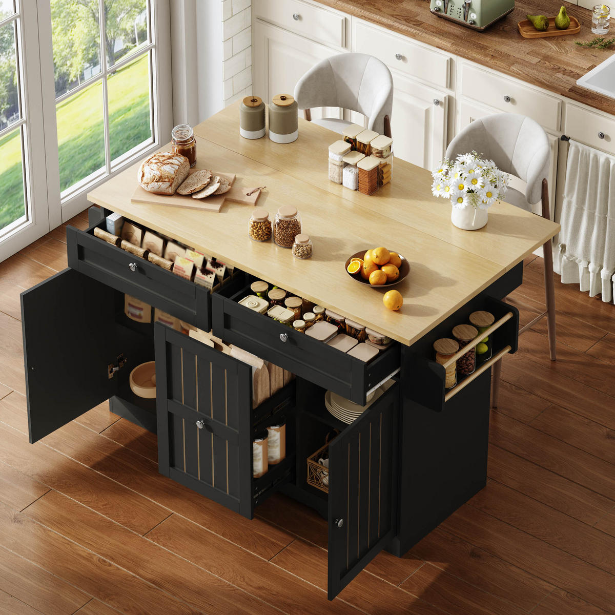 KÜCHENINSEL 120 cm FSC MDF Schwarz mit Klappbarer Arbeitsplatte und Gewürzregal - Schwarz, Holzwerkstoff (70/92/120cm) - Korfee