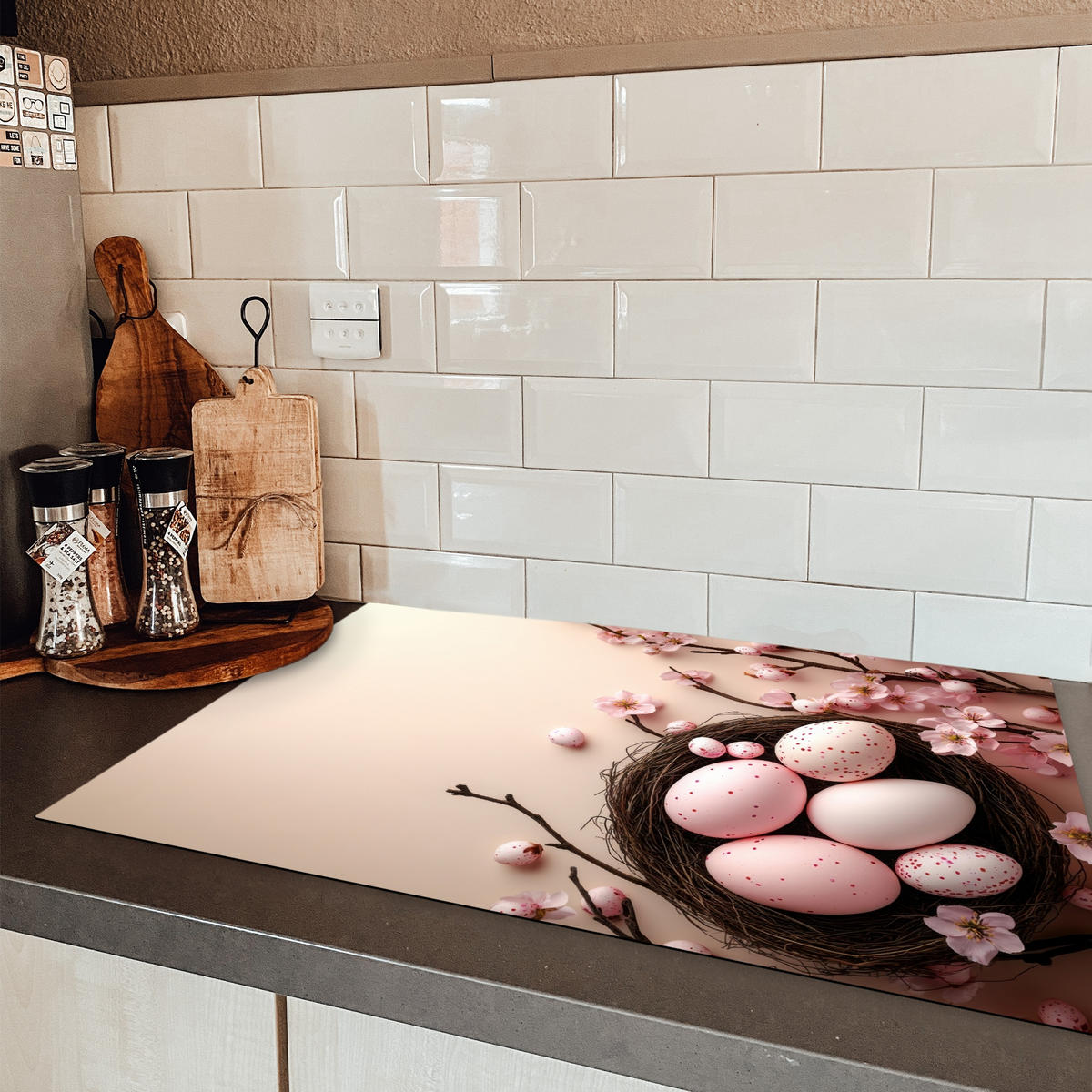 HERDABDECKPLATTE Rosa - Blüten - Eier Induktionsschutz 81.6x52.7 cm - Hellrosa, Kunststoff (81.6/52.7/0.2cm) - MuchoWow