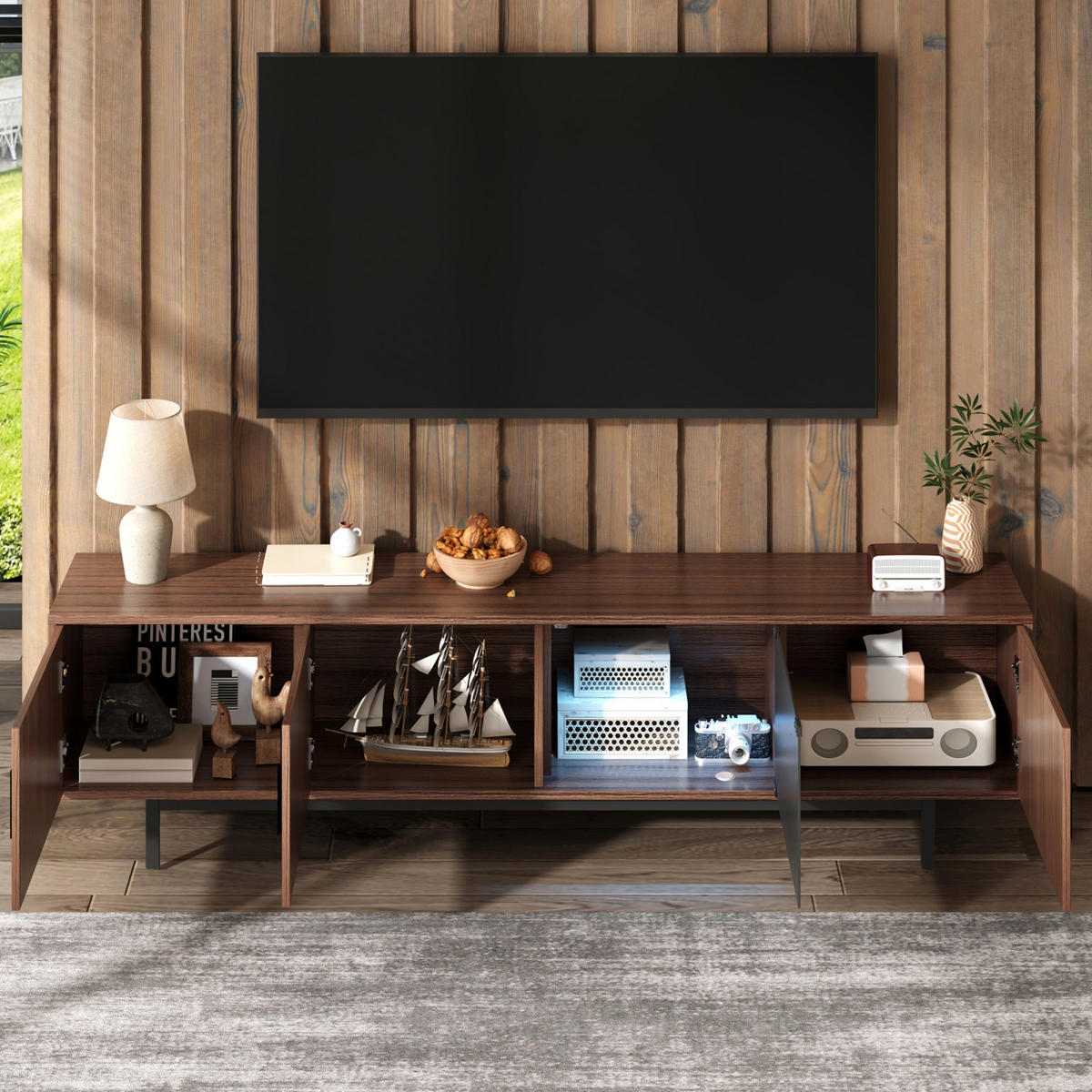 TV Lowboard LED, Strukturfront, Glastür, Schwarz - Schwarz, Holz (200/53/35cm)