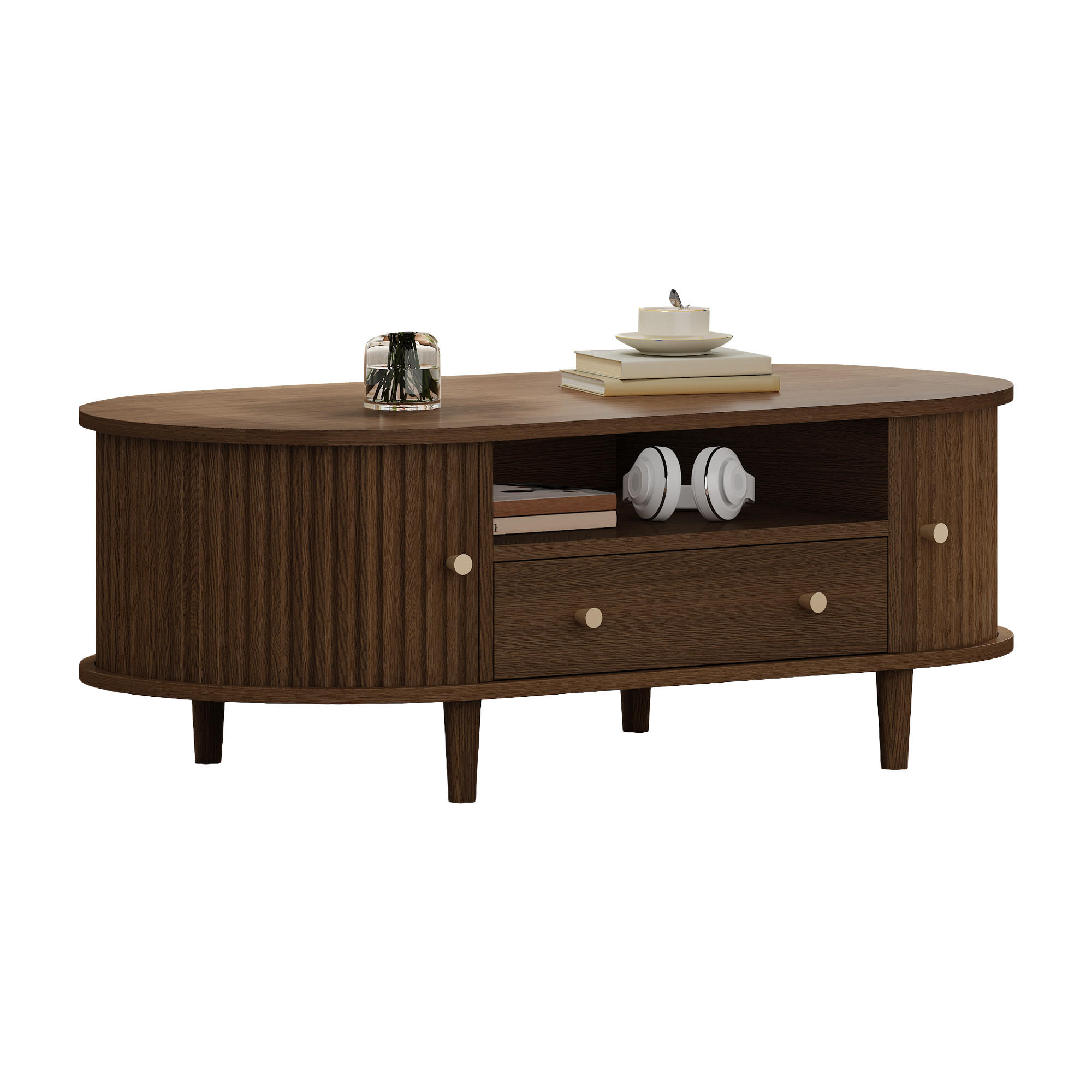 COUCHTISCH Walnuss 1 Schublade Rolltür 4 Beine 100x50x36cm Stauraum - Walnussfarben, Holzwerkstoff (100/50/36cm) - FLIEKS