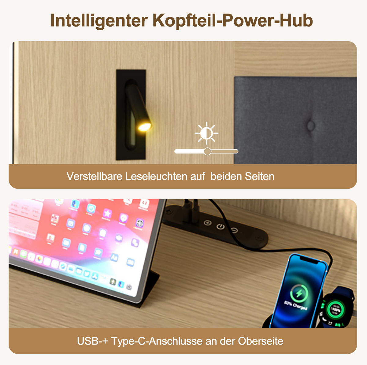 MANŽELSKÁ posteľ 180/200 cm svetlý dub s úložným priestorom a USB/USB-C z MDF - farba duba, kompozitné drevo (180/200cm) - OKWISH