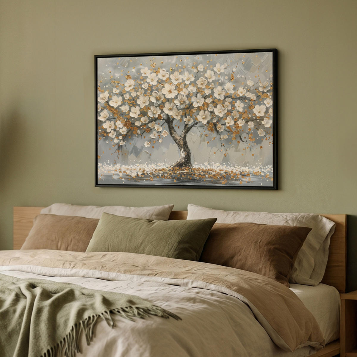 LEINWAND Bilder mit Rahmen - Baum - Blumen - Weiß - Natur - Kunst - 70x50 - Weiß, Textil (70/50cm) - MuchoWow