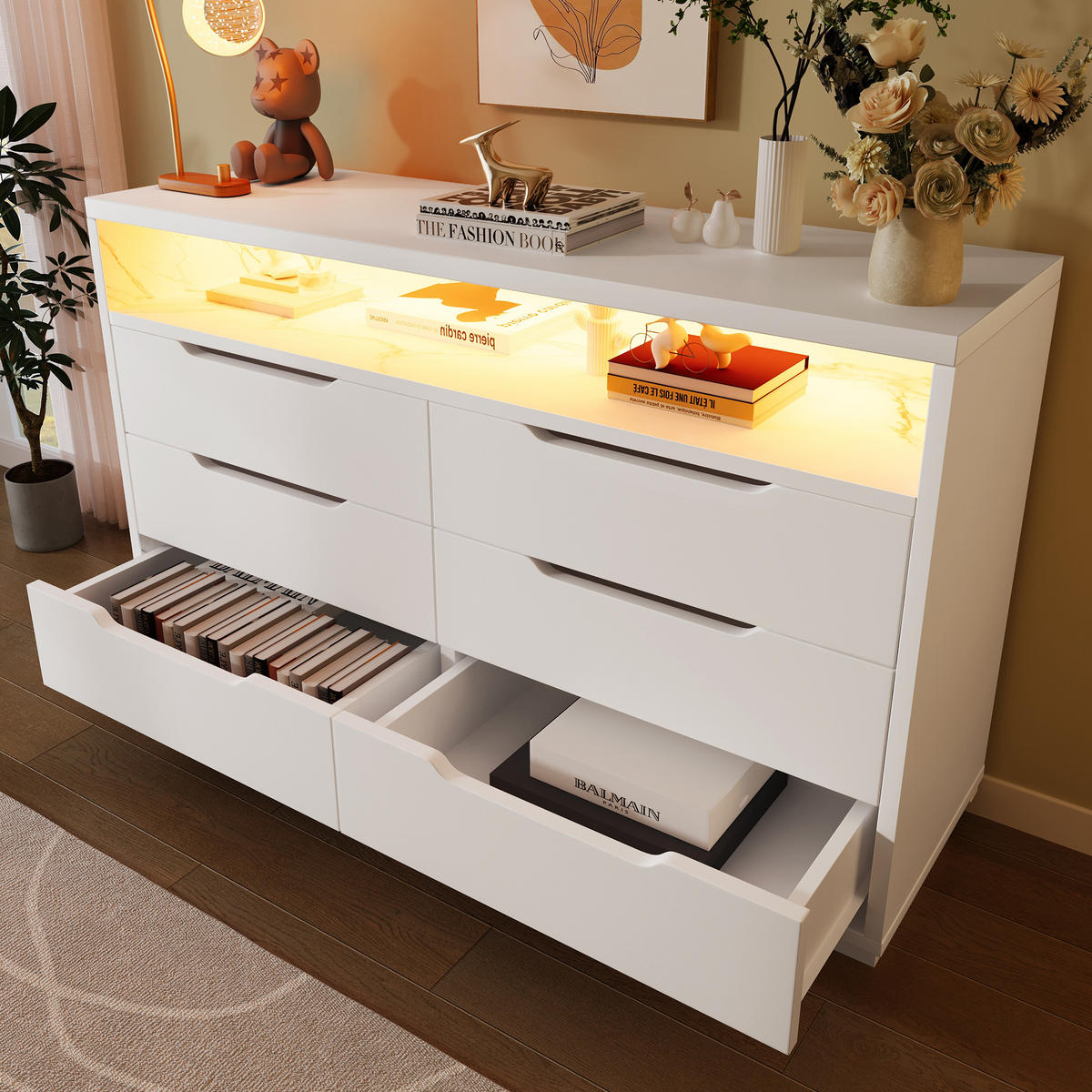 SIDEBOARD 120/40/85 cm Weiß aus Spanplatte mit LED - Weiß, Holzwerkstoff (120/85/40cm) - OKWISH