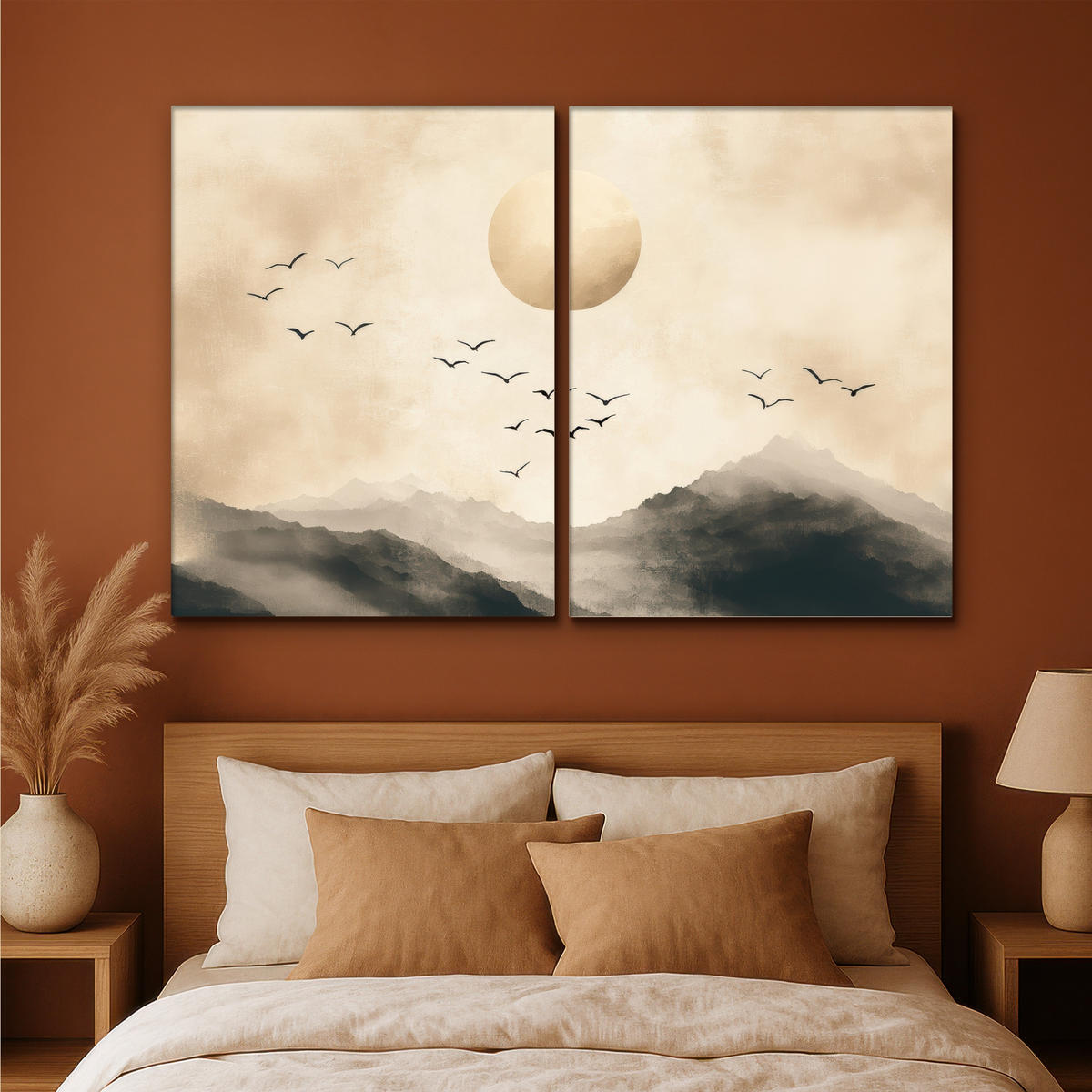 LEINWANDBILD 2er Set Landschaft - Japandi - Beige - Vögel 180x120 cm - Beige, Textil (180/120cm) - MuchoWow