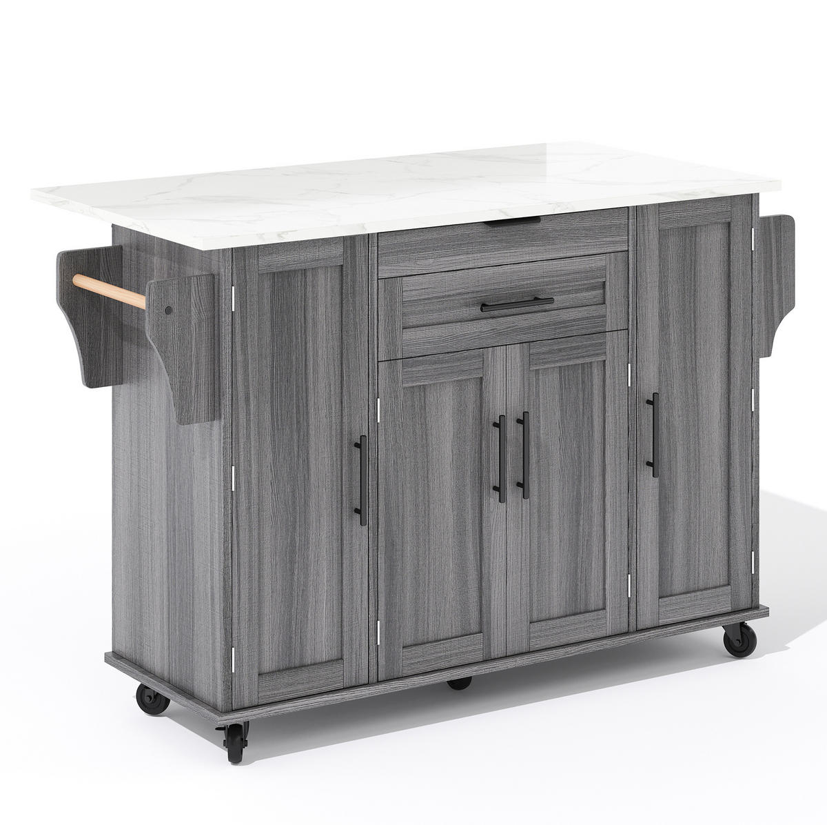 KÜCHENINSEL 136/70/92 cm mit ausziehbarer Arbeitsplatte, 2 Schubladen und Rollen aus MDF, Grau - Grau, Holzwerkstoff (136/92/70cm) - Redom