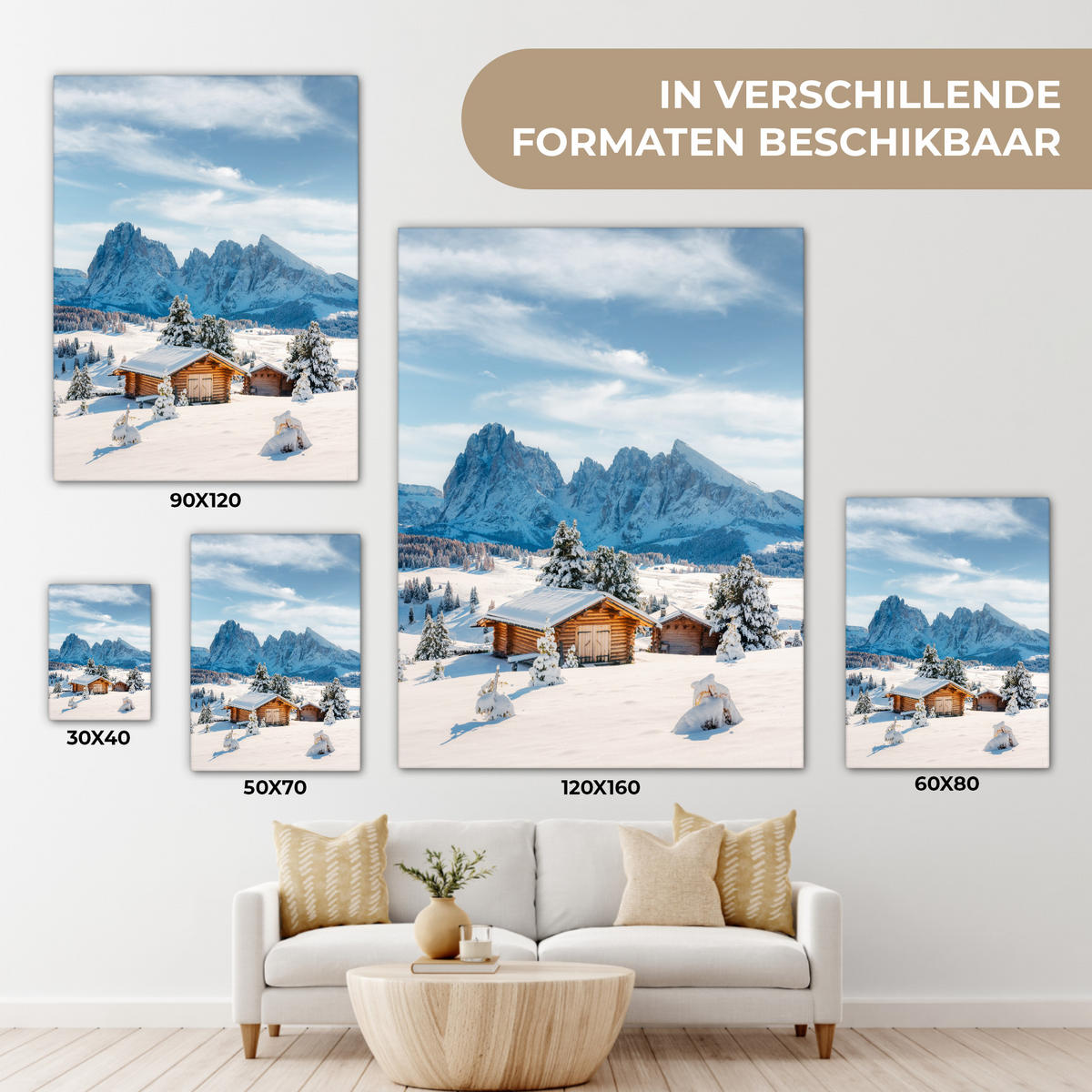 LEINWANDBILD Winter - Hütte - Berge - Aussicht - Schnee Room Decor 30x40 cm - Eichefarben, Textil (30/40cm) - MuchoWow