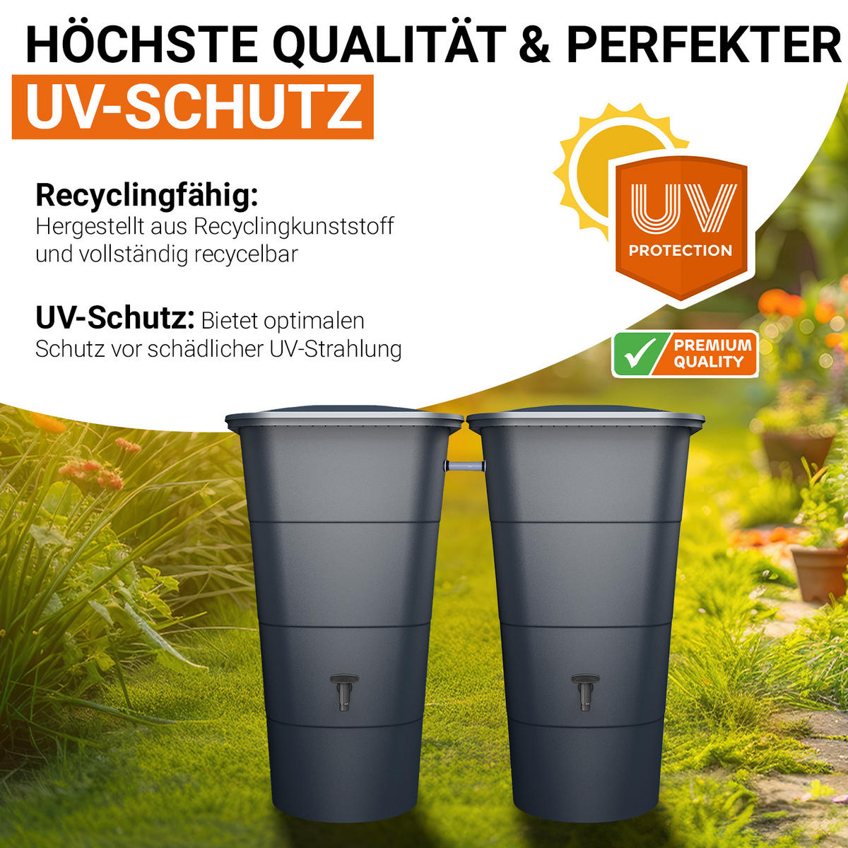 REGENTONNEN-SET eckig 400 L, graphite grey 2 x 200L Regentonne eckig inkl. Verbinder - Grau, Kunststoff (59.8/107/129.6cm) - GARANTIA