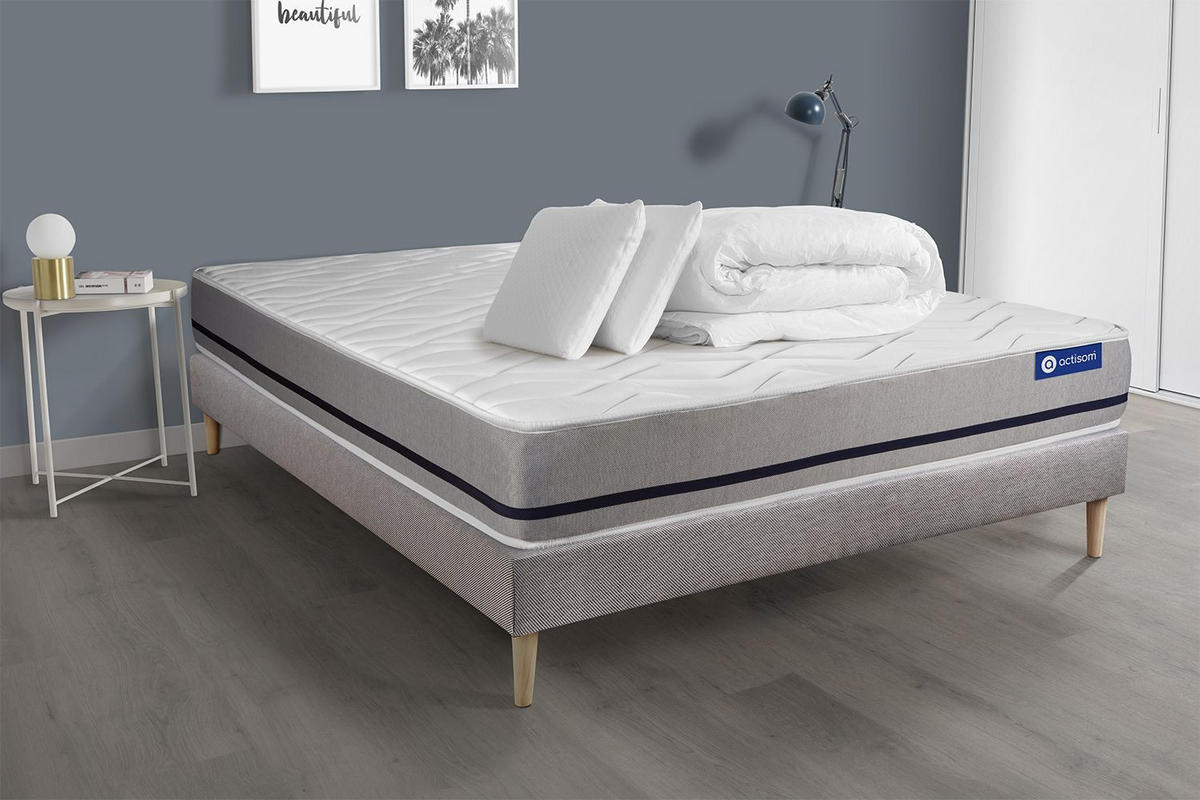 BETT Actiflex soft Taschenfederkern 140 x 200 cm h2 - Kit Bettgestell Grau - Mit Kissen und Bettdecke - Beige/Grau, Holz/Textil (140/200cm) - ACTISOM