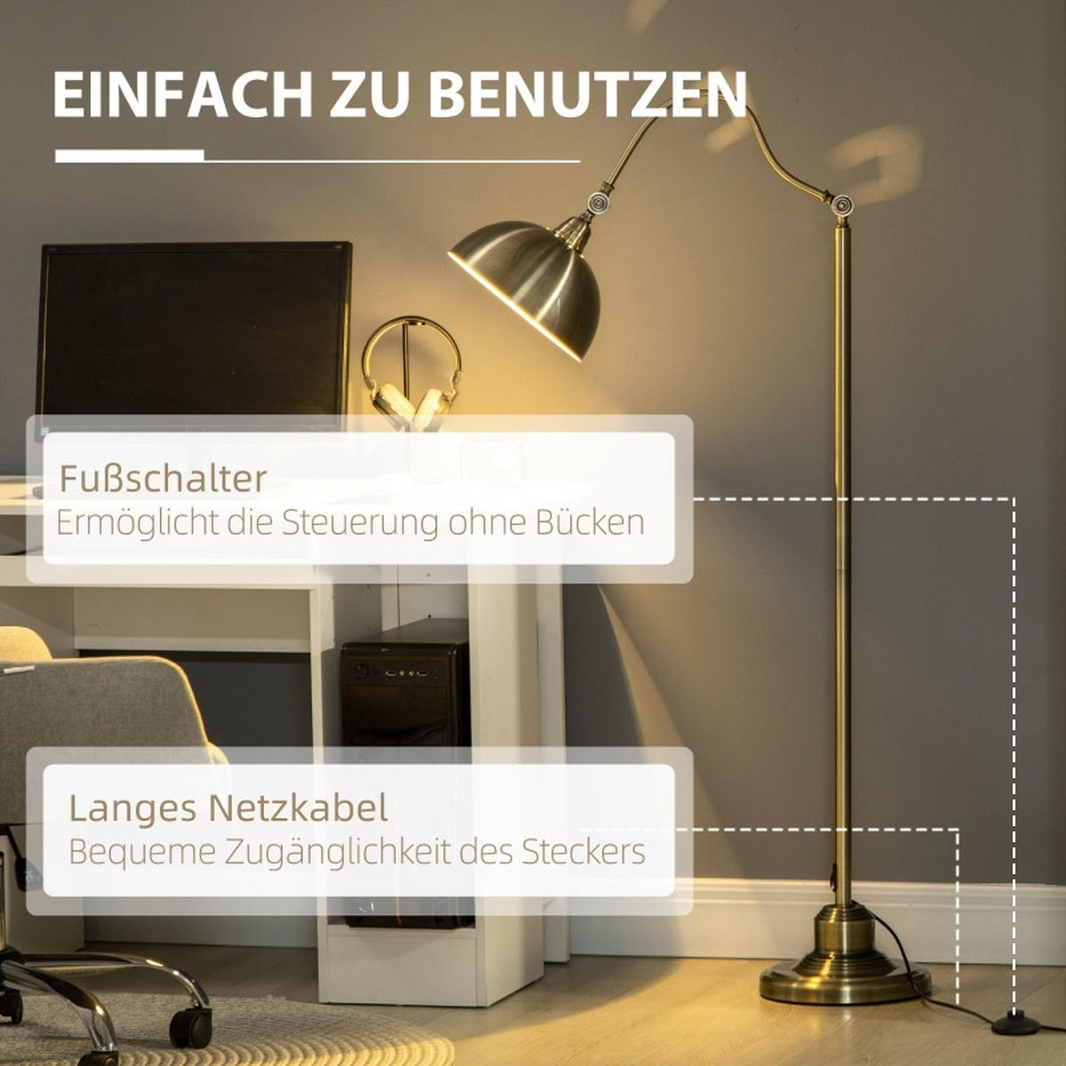 STEHLEUCHTE 152cm Stehlampe Retro Bogenlampe Messingoptik Verstellbar Wohnzimmer - Goldfarben, Metall (42/25.5/152cm) - Raelunyi