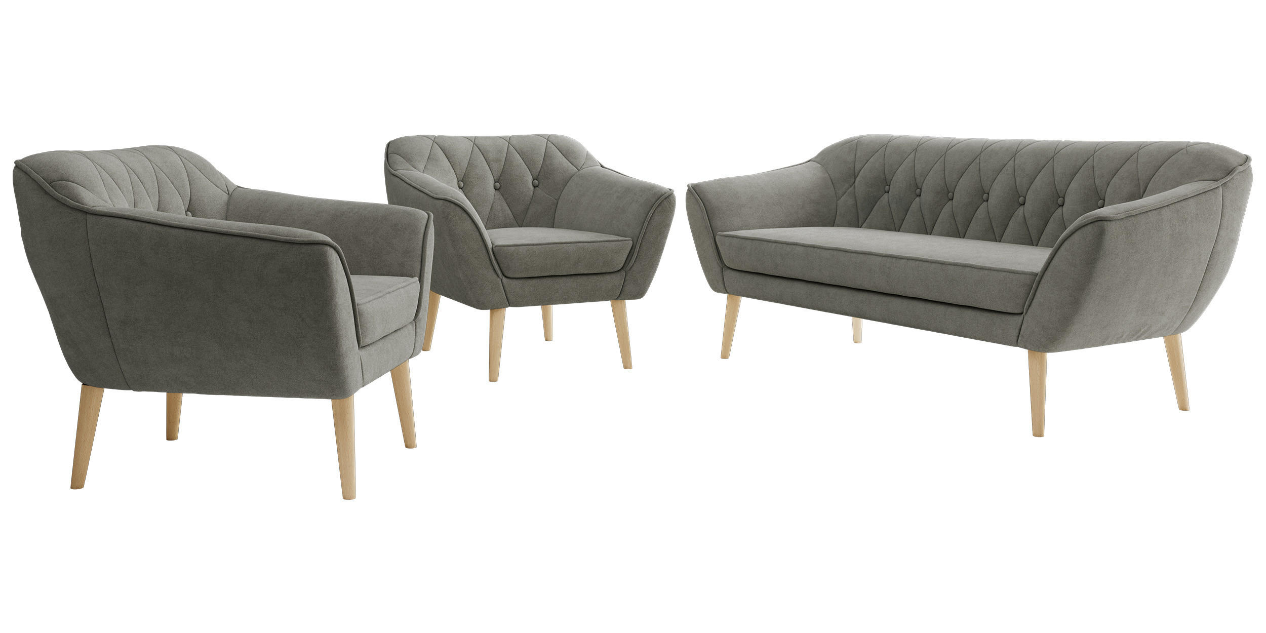 SITZGARNITUR PIRS 3+1+1 - Grau Strukture - Holzbeine - Platinfarben/Buchefarben, Holzwerkstoff/Textil (180/75/74cm) - MKS