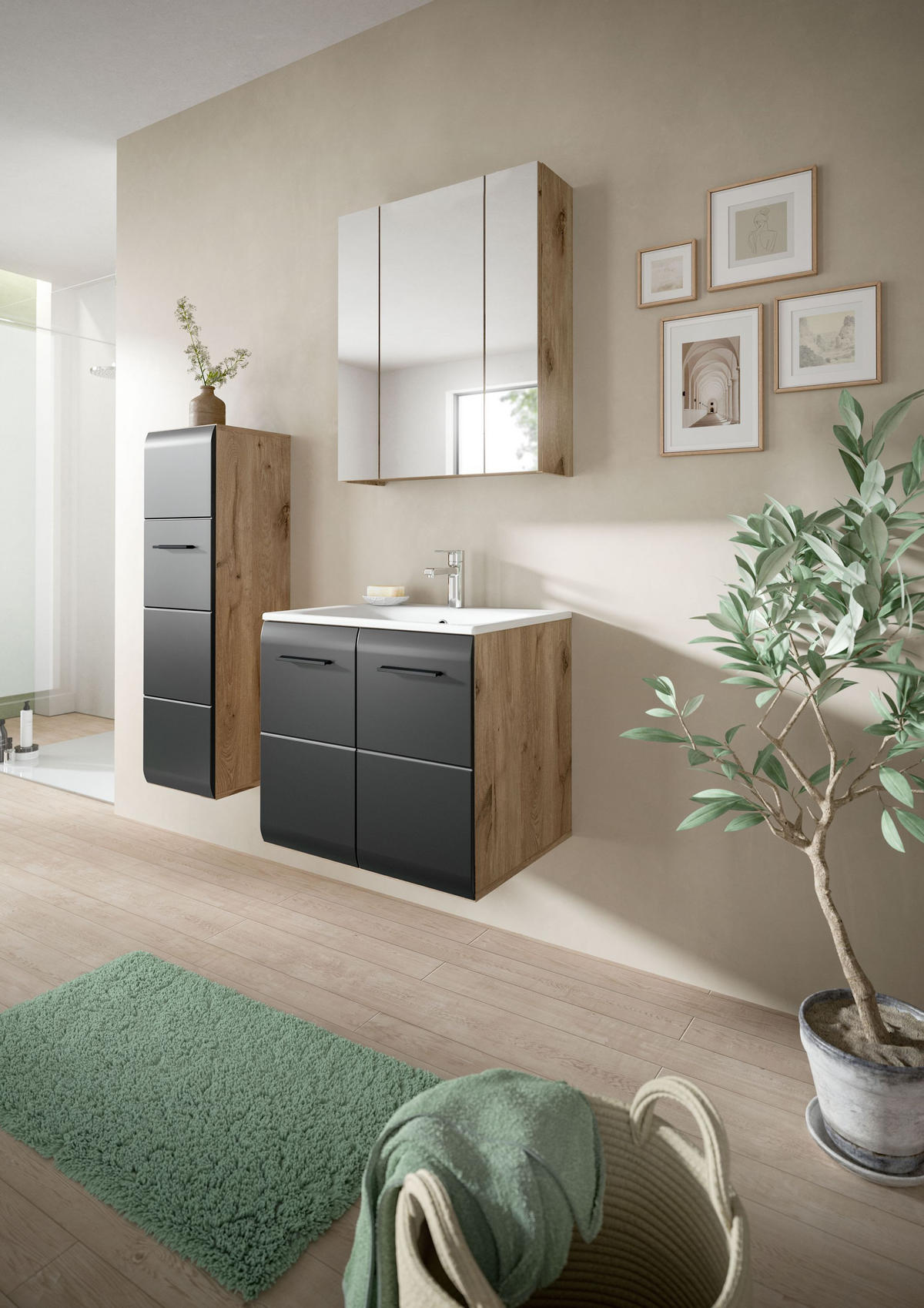 BADEZIMMER Alba 3-tlg. (B/H/T: ca. 60/185/46 cm) in Nox Oak /schwarz matt - Eichefarben, Holz (60/185/46cm)