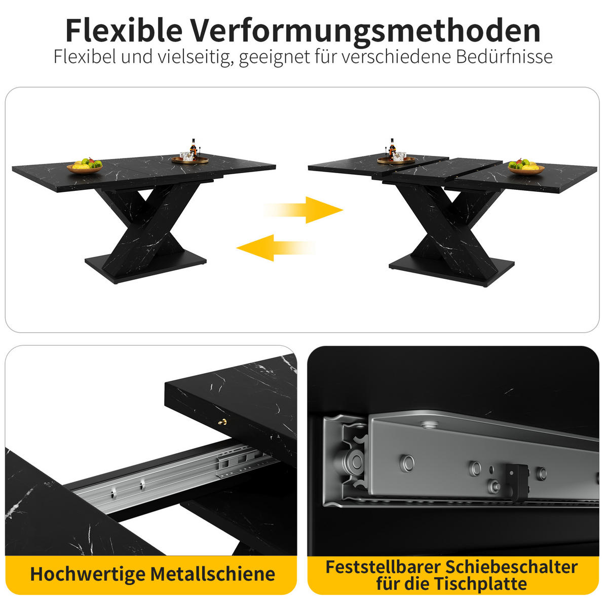ESSTISCH aus MDF 119,5/159x80x75 cm Schwarz in Marmoroptik, ausziehbar mit X-Gestell - Schwarz, Holzwerkstoff (119/80/75cm) - Modfu