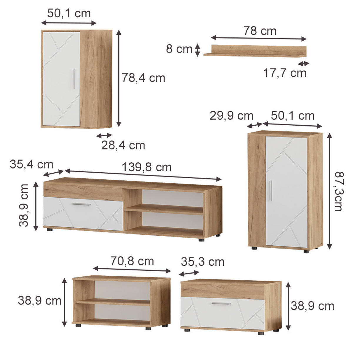 UNITATE DE PERETE Berno, Stejar auriu/Alb, Set de 6 piese - stejar miere/alb, compozit lemnos (140/38.7/35.2cm) - Vicco