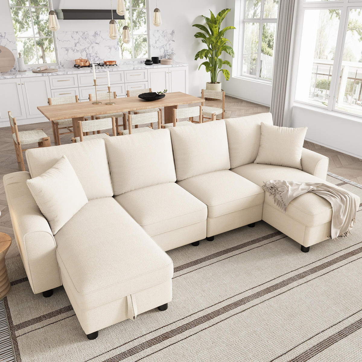 WOHNLANDSCHAFT Chenille Beige mit Stauraum und mit Kissen - Beige, Holzwerkstoff/Kunststoff (280/84/173cm) - WISHDOR