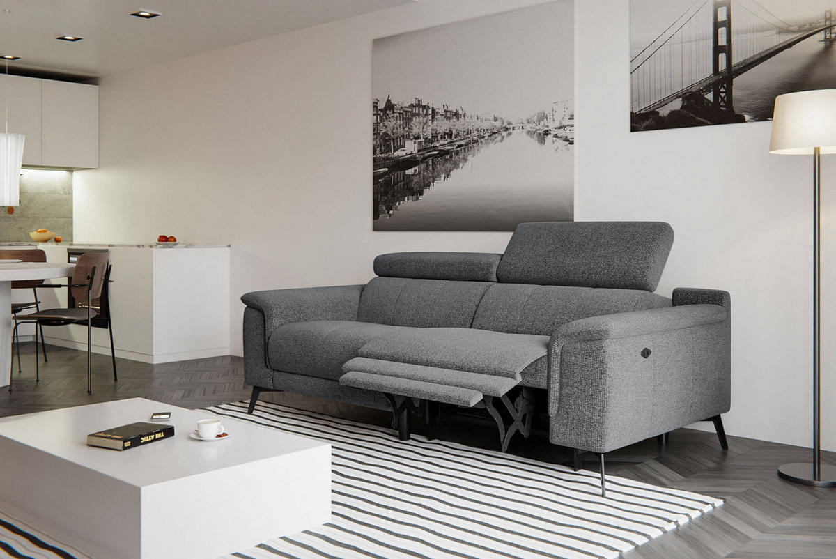 RELAXSOFA FIERO 3-Sitzer mit 1 Relaxfunktion, grau - Schwarz/Grau, Holzwerkstoff/Textil (212/82/103cm) - Courtois Laville