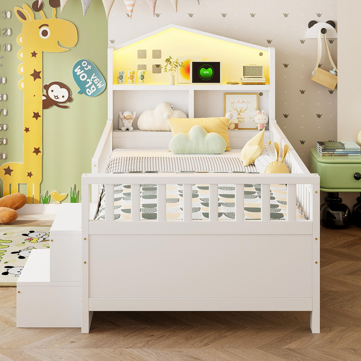 KINDERBETT aus Holz 90x200 cm Weiß mit 4 Schubladen, LED und USB-/USB-C-Anschlüssen - Weiß, Holz (90/200cm) - IVMEU