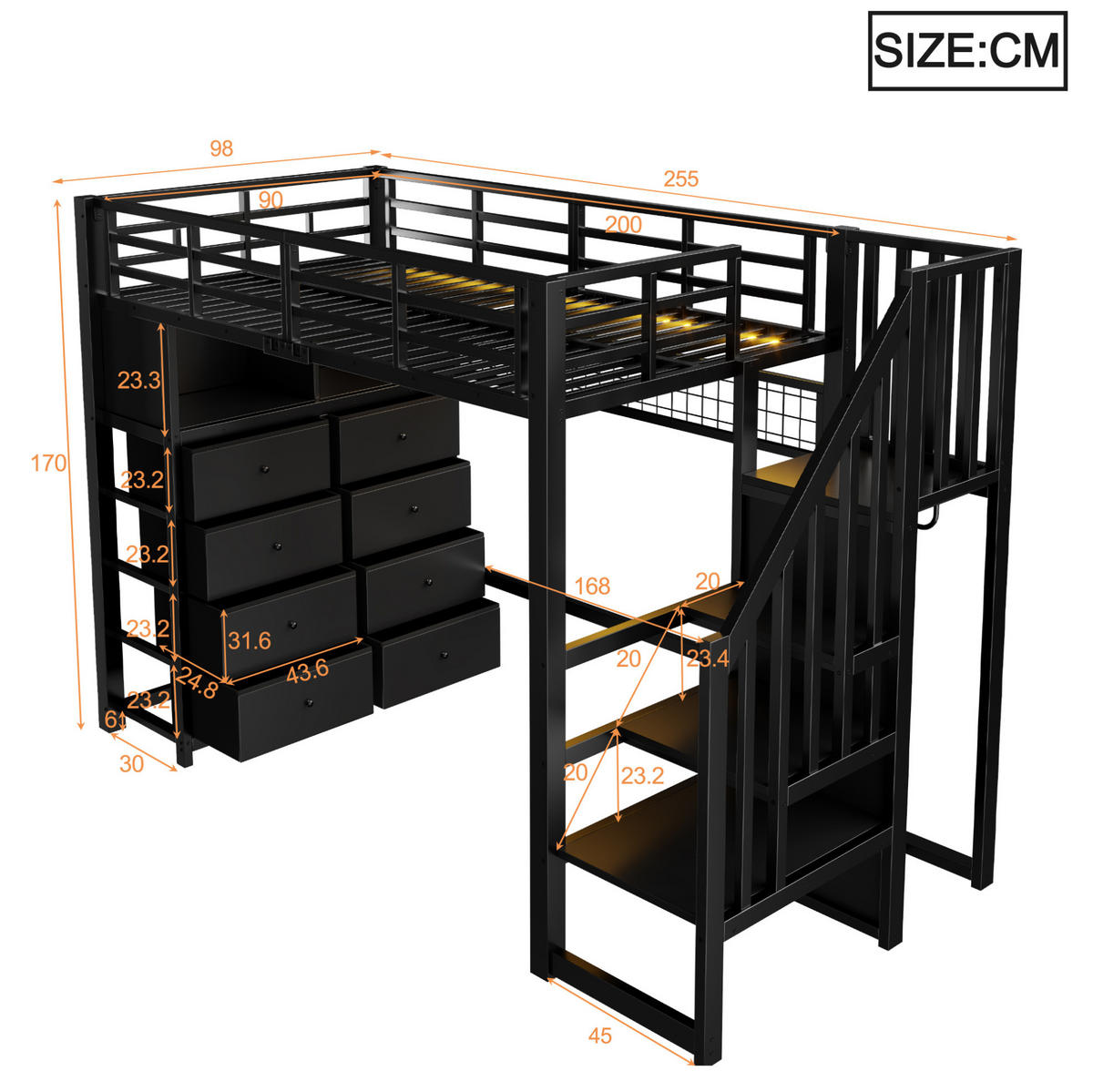 HOCHBETT aus Metall und MDF 90x200 cm Schwarz mit 8 Schubladen, Stauraumtreppe und LED-Beleuchtung - Schwarz, Holzwerkstoff (90/200cm) - IVMEU