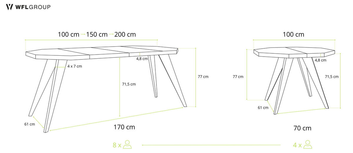 ESSTISCH Diamond Black achteckiger ausziehbarer, Arvadonna Chestnut 100-200/100/76 cm - Kastanienfarben/Schwarz, Holz/Holzwerkstoff (100/200/77cm) - WFL GROUP