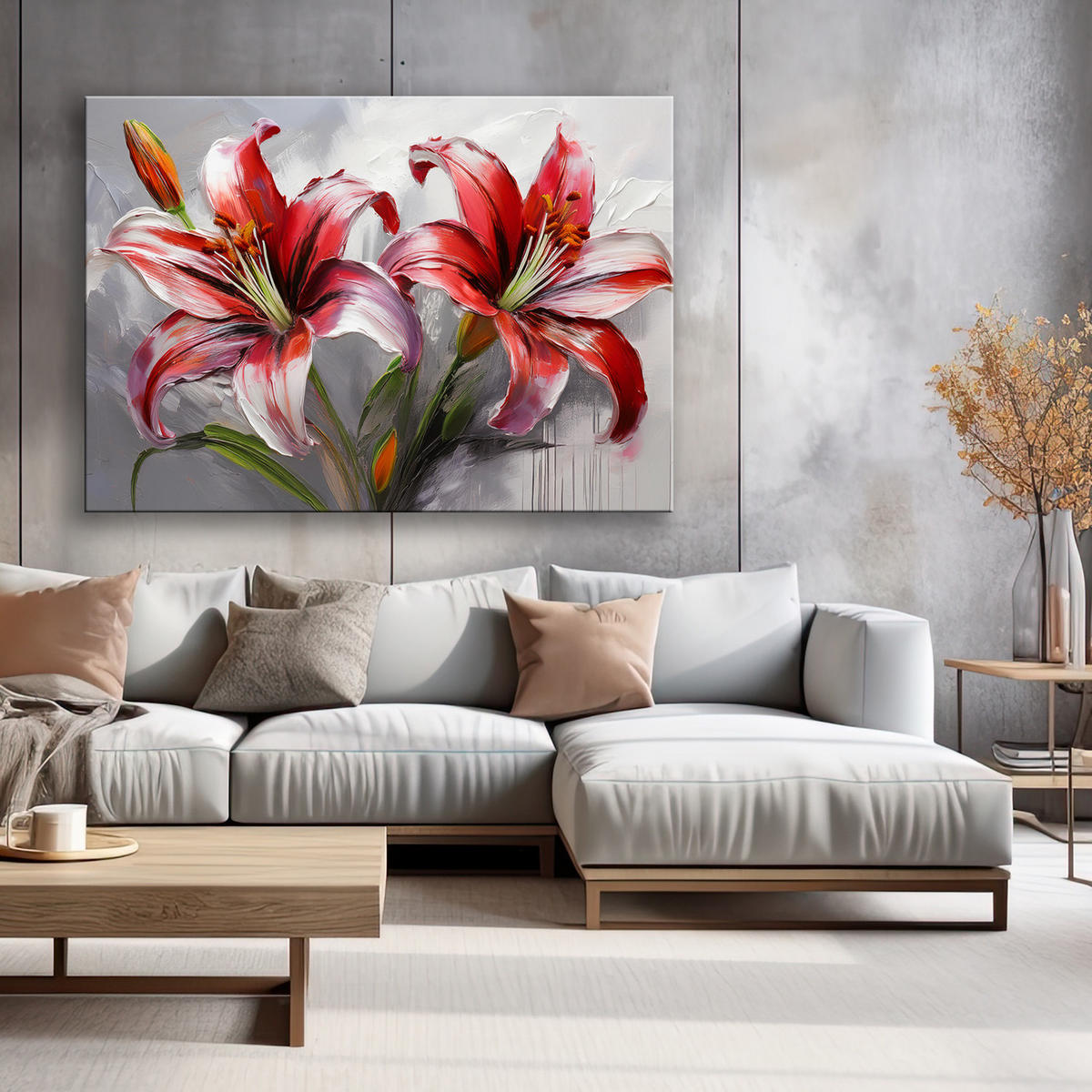 WANDBILD rote lilien bemalte blumen - Rot, Textil (60/40cm) - Feeby