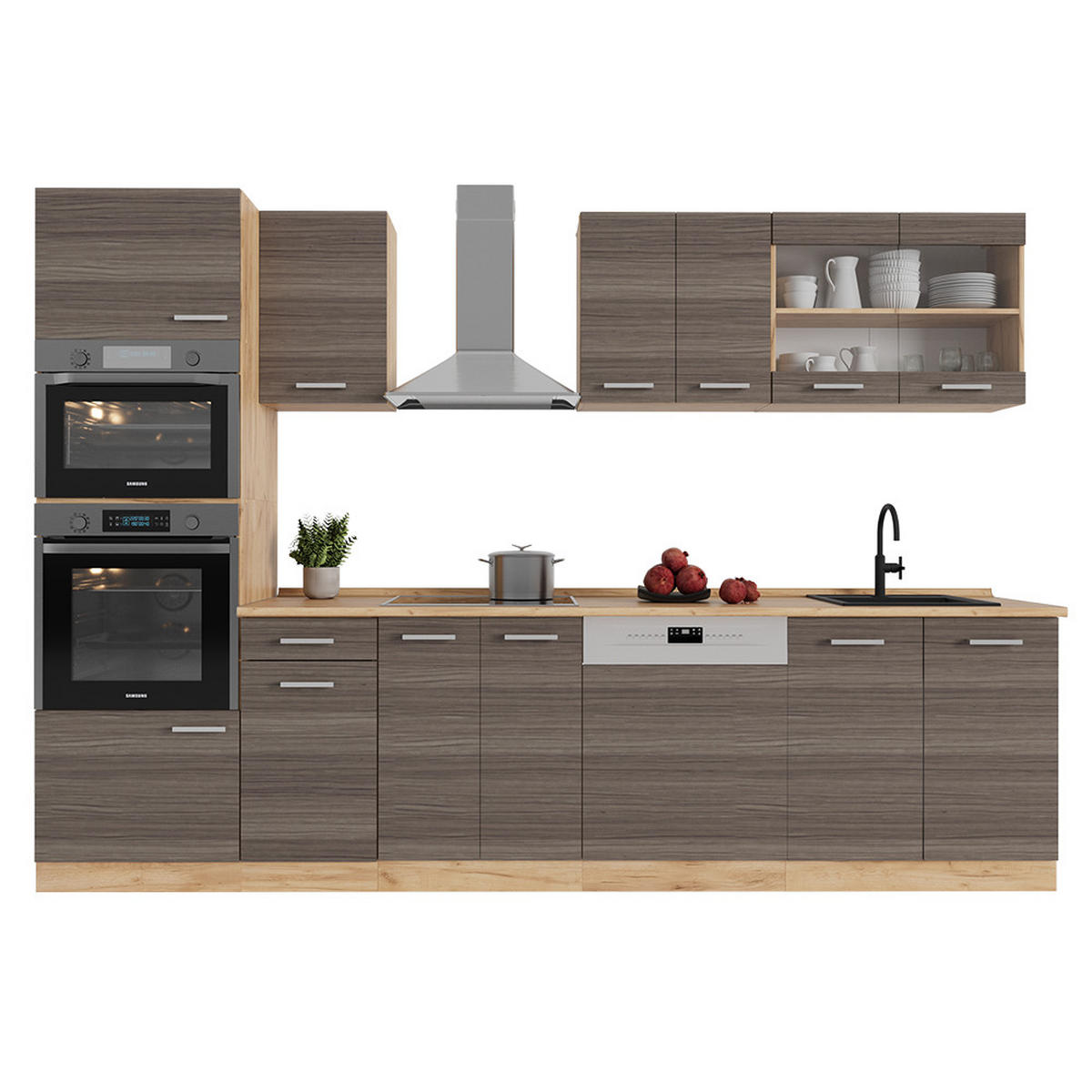 KÜCHENZEILE R-Line Edelgrau/Goldkraft Eiche 300 cm mit Hochschrank, ohne Arbeitsplatte - Honigeiche/Braun, Holzwerkstoff (300/81.6/46cm) - Vicco