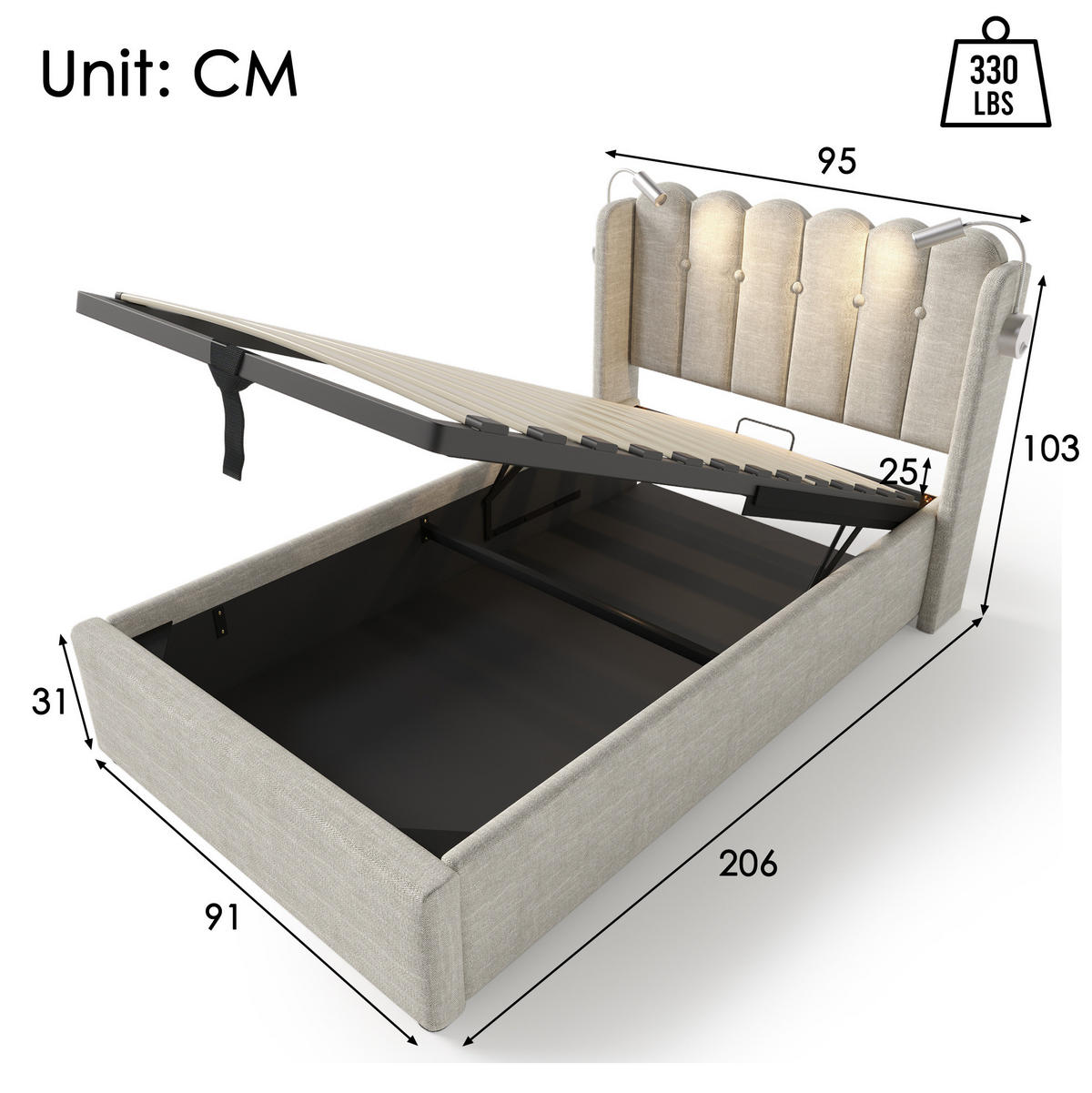 BETT mit Stauraum, USB und Leselicht 90x200 cm Leinen Natur - Beige, Metall (90/200cm) - Meubliv